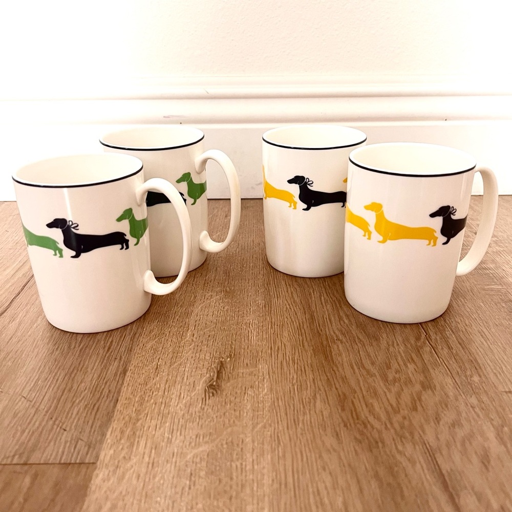 4 PCs Kate Spade Lenox Wickford Dachshund Coffee Mugs Dog Green Navy‎ Yellow